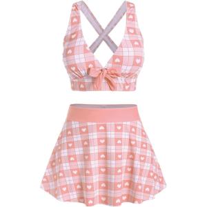 ROSE GAL Rosegal Plus Size Valentines Heart Bowknot Crisscross Padded Three Piece Tankini Swimsuit(Pink Orange)