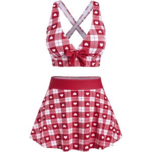 ROSE GAL Rosegal Plus Size Valentines Heart Bowknot Crisscross Padded Three Piece Tankini Swimsuit(Red)