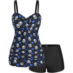 ROSE GAL Rosegal Plus Size Women 2 Piece Swimsuit Skull Heart Print Ruched Tummy Control Tankini Swimwear(Blue)