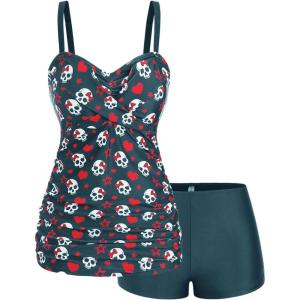 ROSE GAL Rosegal Plus Size Women 2 Piece Swimsuit Skull Heart Print Ruched Tummy Control Tankini Swimwear(Blue_3)