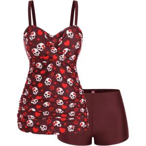 ROSE GAL Rosegal Plus Size Women 2 Piece Swimsuit Skull Heart Print Ruched Tummy Control Tankini Swimwear(Deep Red)