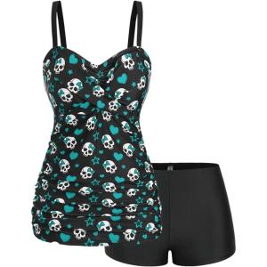 ROSE GAL Rosegal Plus Size Women 2 Piece Swimsuit Skull Heart Print Ruched Tummy Control Tankini Swimwear(Green)