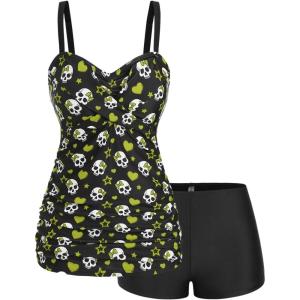 ROSE GAL Rosegal Plus Size Women 2 Piece Swimsuit Skull Heart Print Ruched Tummy Control Tankini Swimwear(Green_1)