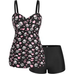 ROSE GAL Rosegal Plus Size Women 2 Piece Swimsuit Skull Heart Print Ruched Tummy Control Tankini Swimwear(Pink)