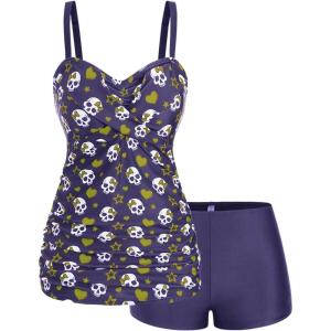 ROSE GAL Rosegal Plus Size Women 2 Piece Swimsuit Skull Heart Print Ruched Tummy Control Tankini Swimwear(Purple_1)