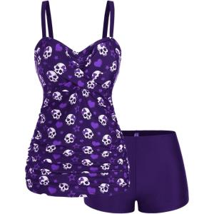 ROSE GAL Rosegal Plus Size Women 2 Piece Swimsuit Skull Heart Print Ruched Tummy Control Tankini Swimwear(Purple_2)