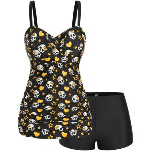 ROSE GAL Rosegal Plus Size Women 2 Piece Swimsuit Skull Heart Print Ruched Tummy Control Tankini Swimwear(Yellow)