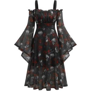 ROSE GAL Rosegal Plus Size Women Medieval Gothic Bell Sleeves Cold Shoulder Skulls Dress Halloween Dress(Black_2)