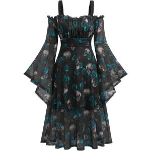 ROSE GAL Rosegal Plus Size Women Medieval Gothic Bell Sleeves Cold Shoulder Skulls Dress Halloween Dress(Blue_1)