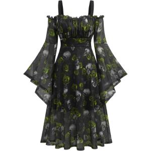 ROSE GAL Rosegal Plus Size Women Medieval Gothic Bell Sleeves Cold Shoulder Skulls Dress Halloween Dress(Green_1)