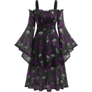 ROSE GAL Rosegal Plus Size Women Medieval Gothic Bell Sleeves Cold Shoulder Skulls Dress Halloween Dress(Purple_1)