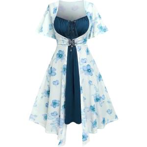 ROSE GAL Rosegal Plus Size Women Sundress Set Flutter Sleeves Floral Dress and Lace-up Cami Dress(Blue_1)