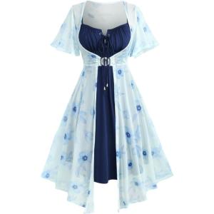 ROSE GAL Rosegal Plus Size Women Sundress Set Flutter Sleeves Floral Dress and Lace-up Cami Dress(Blue_2)