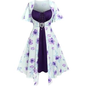ROSE GAL Rosegal Plus Size Women Sundress Set Flutter Sleeves Floral Dress and Lace-up Cami Dress(Deep Purple_1)