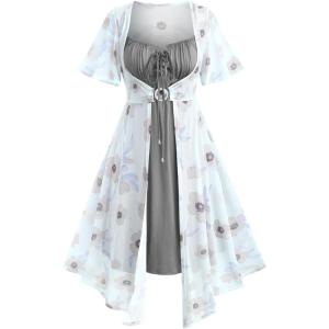 ROSE GAL Rosegal Plus Size Women Sundress Set Flutter Sleeves Floral Dress and Lace-up Cami Dress(Gray_1)