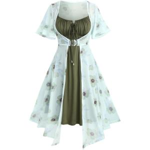 ROSE GAL Rosegal Plus Size Women Sundress Set Flutter Sleeves Floral Dress and Lace-up Cami Dress(Green_1)
