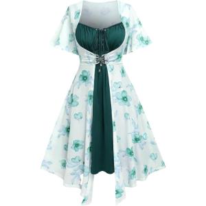 ROSE GAL Rosegal Plus Size Women Sundress Set Flutter Sleeves Floral Dress and Lace-up Cami Dress(Green_2)
