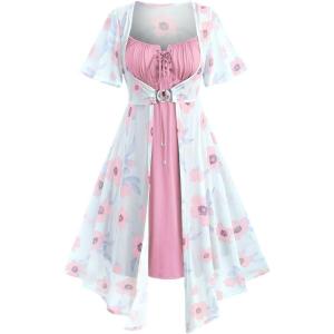 ROSE GAL Rosegal Plus Size Women Sundress Set Flutter Sleeves Floral Dress and Lace-up Cami Dress(Pink_1)