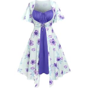 ROSE GAL Rosegal Plus Size Women Sundress Set Flutter Sleeves Floral Dress and Lace-up Cami Dress(Purple_2)