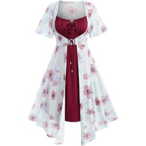 ROSE GAL Rosegal Plus Size Women Sundress Set Flutter Sleeves Floral Dress and Lace-up Cami Dress(Red_1)