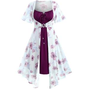 ROSE GAL Rosegal Plus Size Women Sundress Set Flutter Sleeves Floral Dress and Lace-up Cami Dress(Red_2)
