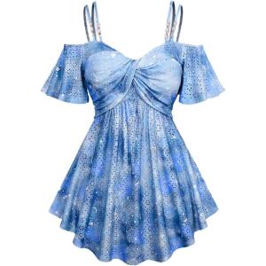 ROSE GAL Rosegal Women Plus Size Cold Shoulder Top Galaxy Moon Star Twist Chains Hollow Out Ombre Tie Tee(Blue_2)