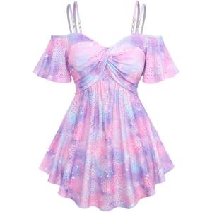 ROSE GAL Rosegal Women Plus Size Cold Shoulder Top Galaxy Moon Star Twist Chains Hollow Out Ombre Tie Tee(Pink_3)