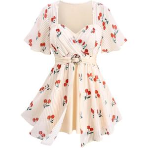 ROSE GAL Rosegal Women Plus Size Elegant Cherry Summer Blouse Flutter Sleeves Fruit Printed Blouse(Beige_1)