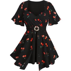 ROSE GAL Rosegal Women Plus Size Elegant Cherry Summer Blouse Flutter Sleeves Fruit Printed Blouse(Black_1)