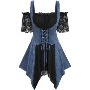 ROSE GAL Rosegal Women Plus Size Gothic Cold Shoulder Top Medieval Renaissance Corset Shirt(Black_3)