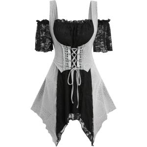 ROSE GAL Rosegal Women Plus Size Gothic Cold Shoulder Top Medieval Renaissance Corset Shirt(Black_5)