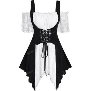 ROSE GAL Rosegal Women Plus Size Gothic Cold Shoulder Top Medieval Renaissance Corset Shirt(White_2)