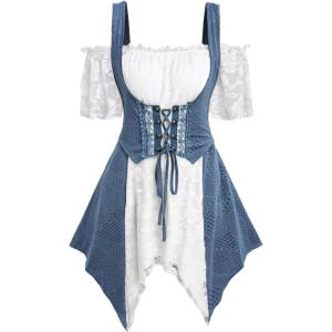 ROSE GAL Rosegal Women Plus Size Gothic Cold Shoulder Top Medieval Renaissance Corset Shirt(White_6)
