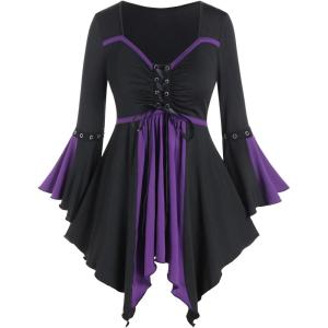 ROSE GAL Rosegal Women Plus Size Gothic Flare Sleeves Lace-up Two Tone Handkerchief Tee Halloween Costume Bell Sleeves Top(Purple_2)