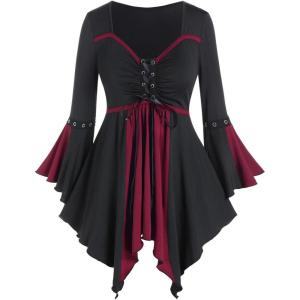 ROSE GAL Rosegal Women Plus Size Gothic Flare Sleeves Lace-up Two Tone Handkerchief Tee Halloween Costume Bell Sleeves Top(Red_1)