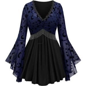 ROSE GAL Rosegal Women Plus Size Gothic Moon Star Mesh Panel Bell Sleeves Chain Tassel T-Shirt(Blue_1)