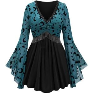 ROSE GAL Rosegal Women Plus Size Gothic Moon Star Mesh Panel Bell Sleeves Chain Tassel T-Shirt(Blue_2)