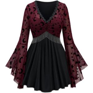 ROSE GAL Rosegal Women Plus Size Gothic Moon Star Mesh Panel Bell Sleeves Chain Tassel T-Shirt(Deep Red_1)