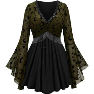 ROSE GAL Rosegal Women Plus Size Gothic Moon Star Mesh Panel Bell Sleeves Chain Tassel T-Shirt(Green_1)