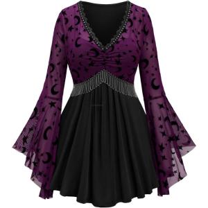 ROSE GAL Rosegal Women Plus Size Gothic Moon Star Mesh Panel Bell Sleeves Chain Tassel T-Shirt(Purple_2)