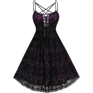 ROSE GAL Rosegal Women Plus Size Gothic Overlay Midi Dress Backless Spaghetti Strap A Line Dress(Black_3)