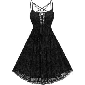 ROSE GAL Rosegal Women Plus Size Gothic Overlay Midi Dress Backless Spaghetti Strap A Line Dress(Black_4)