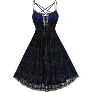 ROSE GAL Rosegal Women Plus Size Gothic Overlay Midi Dress Backless Spaghetti Strap A Line Dress(Blue_3)
