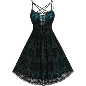ROSE GAL Rosegal Women Plus Size Gothic Overlay Midi Dress Backless Spaghetti Strap A Line Dress(Green_3)