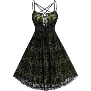 ROSE GAL Rosegal Women Plus Size Gothic Overlay Midi Dress Backless Spaghetti Strap A Line Dress(Green_4)