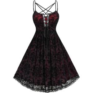 ROSE GAL Rosegal Women Plus Size Gothic Overlay Midi Dress Backless Spaghetti Strap A Line Dress(Red_3)