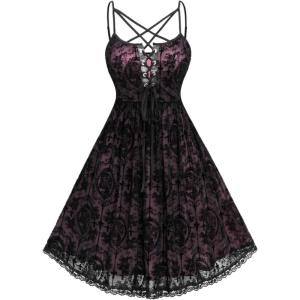 ROSE GAL Rosegal Women Plus Size Gothic Overlay Midi Dress Backless Spaghetti Strap A Line Dress(Red_4)