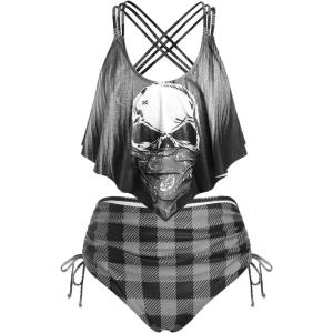 ROSE GAL Rosegal Women Plus Size Gothic Tankini Swimsuit Skull Print Crisscross Flounce Two Piece Bathing Suit(Gray)