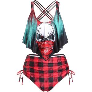 ROSE GAL Rosegal Women Plus Size Gothic Tankini Swimsuit Skull Print Crisscross Flounce Two Piece Bathing Suit(Red)