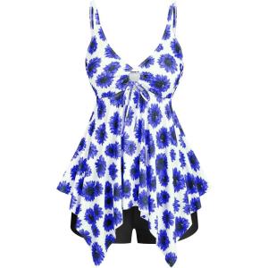 ROSE GAL Rosegal Women Plus Size Modest Tankini Swimsuit Handkerchief Sunflower Cinched Boyleg Swimwer(Blue_3)